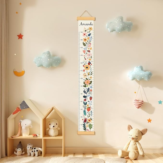 Personalized Name Growth Chart Wall Decor for Kids – Canvas Removable Height Chart Measuring Ruler 59" x 7.9" (Flowers)