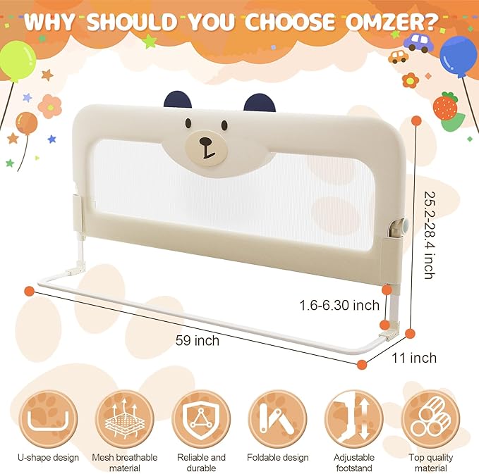 omzer Bed Guard Rail for Toddlers - 59'' Swing Down & Height Adjustable Bed Rail for Toddlers Baby Bed Rail Guard for Twin, Queen, King, Full Size