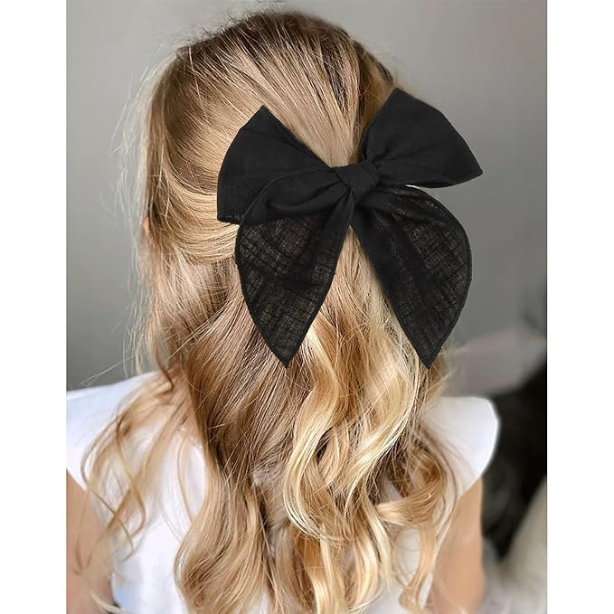DEEKA 4 PCS Black Cotton Linen Hair Bows 3 Styles 5" & 4" Handmade Hair Bow set for Toddler Girls Alligator Hair Clips Knot Bows Hair Accessories for Little School Girls (Black)