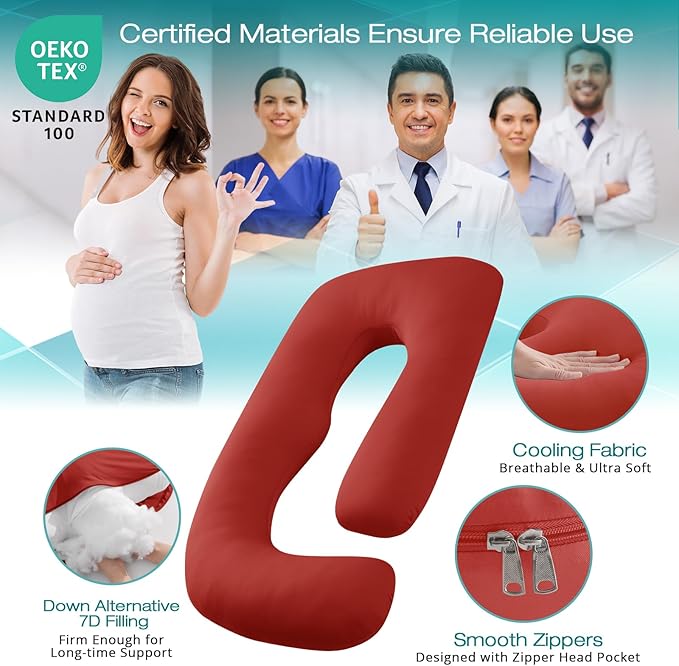 Sasttie Pregnancy Pillows for Sleeping, U Shaped Cooling Full Body Pillow with Removable Cover, Pregnant Women Must Haves, Maternity Essential, Red