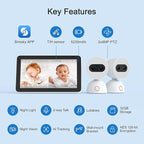 Simsky Split Screen Video Baby Monitor with 2 Cameras, Dual 4MP Cameras with 6X Zoom, 7" UHD Touch Screen Portable Audio Baby Monitor, App Remote Access, 5200mAh Battery, 32GB Local Storage