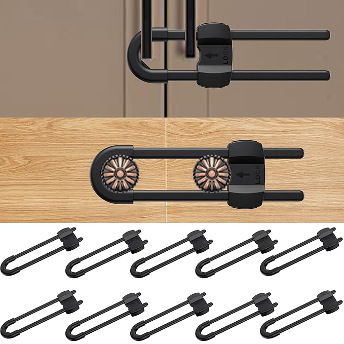 (10 pack black) 4 button Cabinet Locks, U-Shaped Proofing Drawers Safety Child Locks Adjustable, for Wardrobe,Kitchen,Bathroom,Drawer,Fridge,Cupboard Doors Knobs & Handles