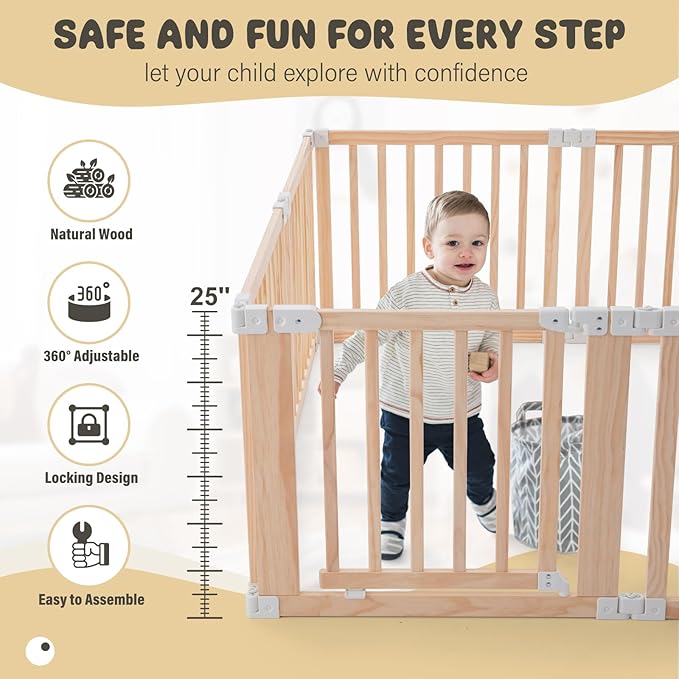 Foldable Wooden Playpen, Large Baby Wood Playpen with Locking Gate for Babies and Toddler 1-3 Year, Portable Play Yard for Activity Center Indoor Outdoor(Wood, 8 Panel)
