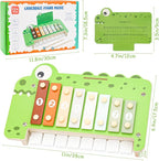 Baby Piano Xylophone Musical Toys - 2 in 1 Wooden Montessori Crocodile Toys for Toddler Kids, 8 Multicolored Key Keyboard Instruments, Preschool Educational Musical Learning Toy for Girls Boys