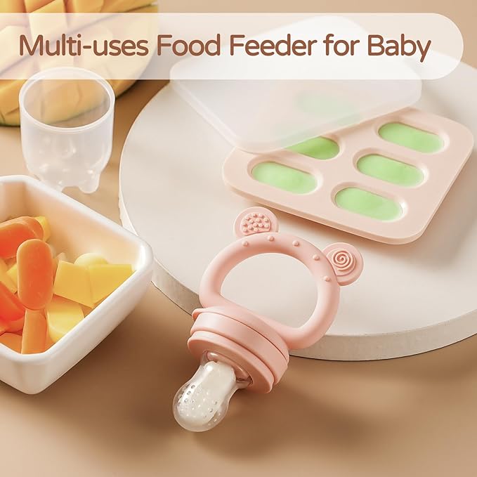 2 Pack Silicone Baby Fruit Feeder with Mini Freezer Tray, Breastmilk Popsicle Molds for Baby Teething Relief, Fresh Food Feeder for Safe Infant Self Feeding, Extra Food Pouches - Pink
