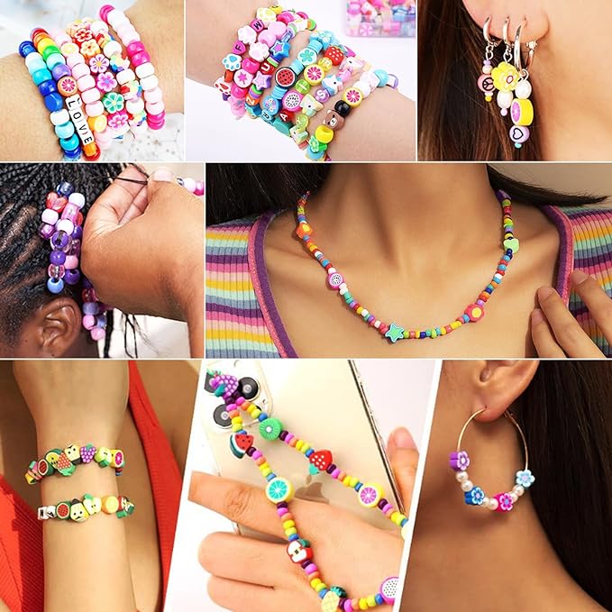 1000PCS Polymer Clay Beads Bracelet Making kit, 24 Style Cute Fun Beads Flower Animal Rainbow Eye Charms for Jewelry Necklace Earring Making DIY Accessories for Women Girls