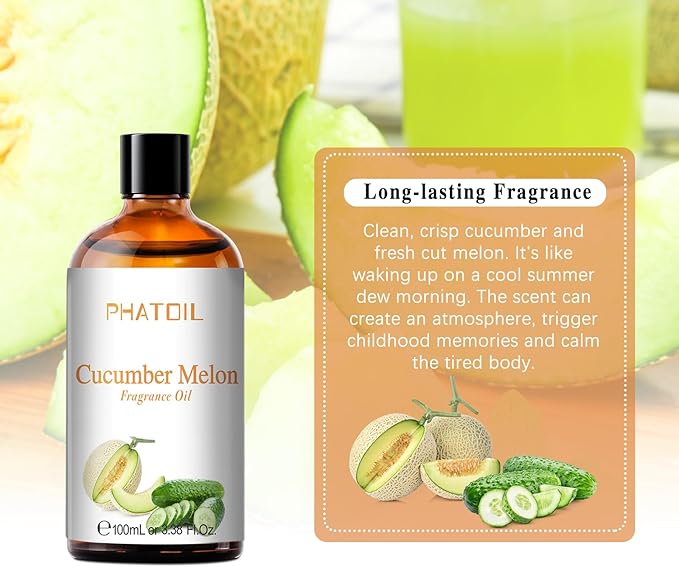 PHATOIL 3.38FL.OZ Cucumber Melon Fragrance Oils for Aromatherapy, Essential Oils for Diffusers for Home, Perfect for Diffuser, Yoga, Skin Care, DIY Candle and Soap Making - 100ml