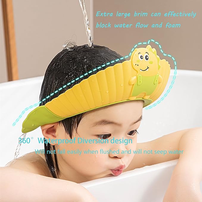 Baby Shower Cap Shield, Shower Cap for Kids, Visor Hat for Eye and Ear Protection for 0-9 Years Old Children, Cute Little Dinosaur Shape Makes The Baby Bath More Fun (Blue)