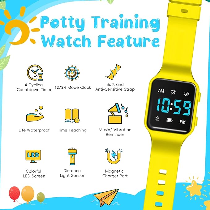 Potty Training Watch for Toddlers with Countdown, Magnetic Charging, Flashing Lights, Fun Music or Vibration Alerts - Waterproof Interactive Toilet Training Reminder for Boys & Girls Ages 2-9