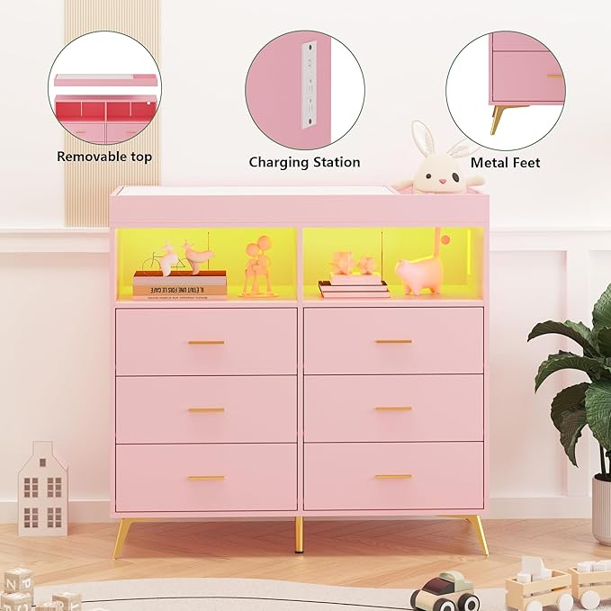 Dresser for Bedroom with LED Lights and Power Outlet, Baby Changing Table Dresser with 6 Drawers, 2 Open Storage Shelves, Baby Diaper Station with Changing Table Top (Pink)