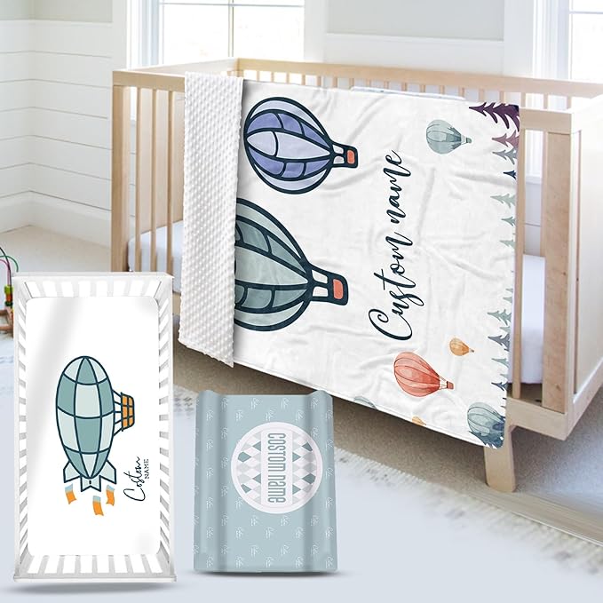 Personalized Baby Crib Bedding Set, Custom Name Hot Air Balloon Theme Nursery Bedding Set 3 Pcs, Baby Blanket Fitted Crib Sheet Changing Pad Cover, Personalized Nursery Decor Gift for Newborns Boys
