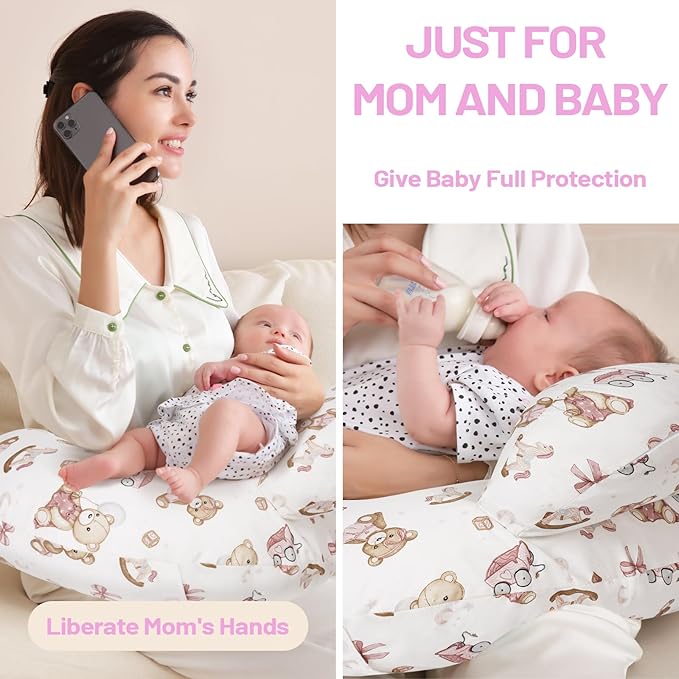 Nursing Pillow, Breastfeeding Pillows, with Removable Pillow Cover, Machine Washable, Machine Washable, Pink Bears