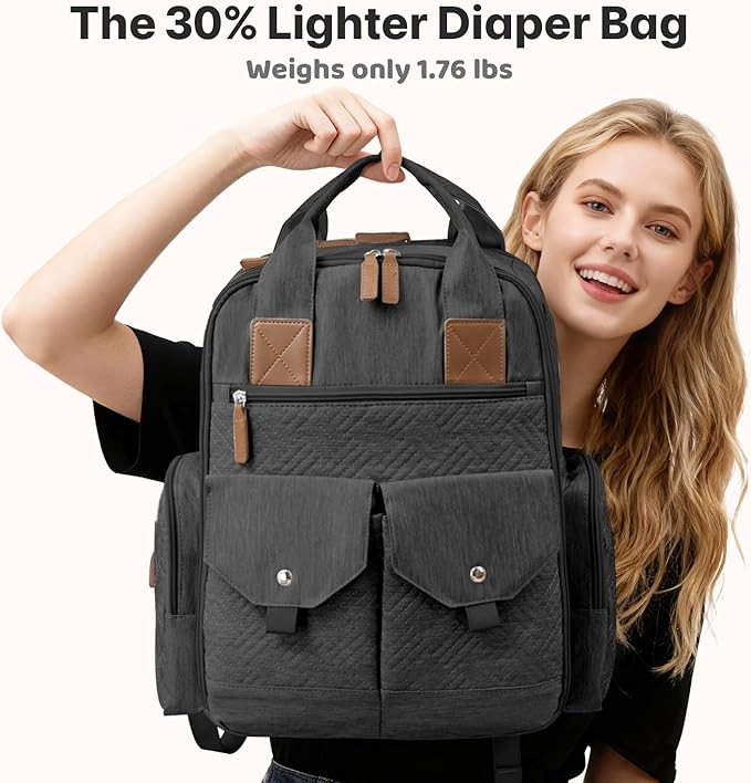 Diaper Bag Backpack - Large Diaper Bag with Portable Changing Pad as Baby Shower Gifts, Lightweight Waterproof Unisex Travel Baby Bag with 4 Insulated Pockets and Stroller Buckles, Black