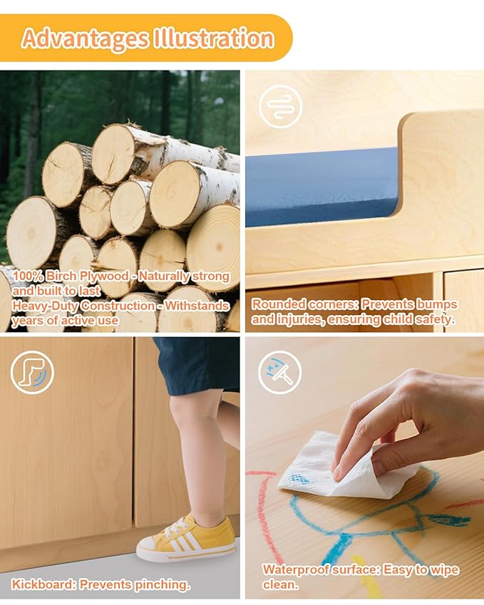 Wooden Baby Changing Table with Mirror, 100% Birch Plywood Toddler Diaper Changing Station with Stairs & Storage, Montessori Furniture for Daycare, Nursery, Home, School