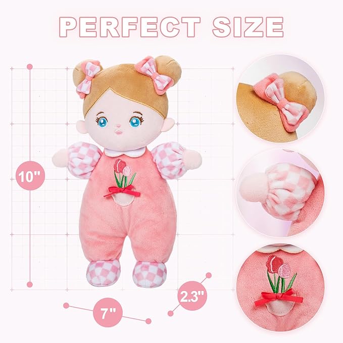 OUOZZZ Soft Baby Doll for 1+ Year Old Girl Gifts - Toys for 1+ Year Old Birthday Christmas Plush Gift for Toddler Adorable First Doll Tulip Pink 10"