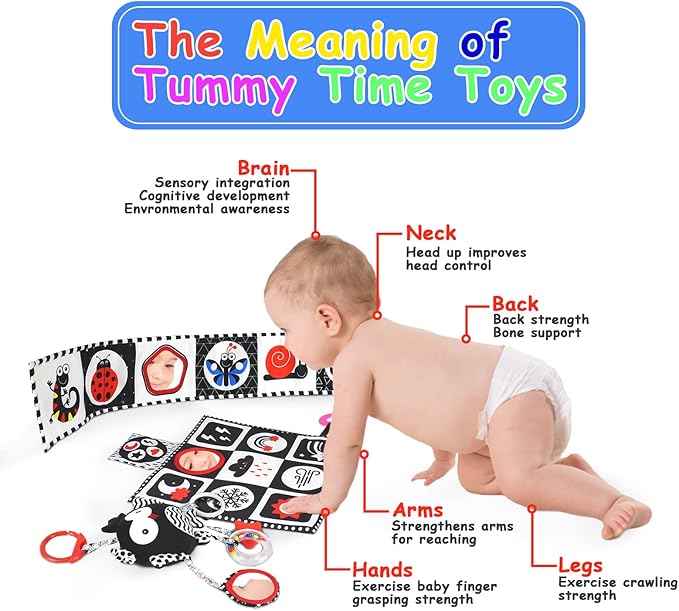 KUANGO Black and White High Contrast Baby Toys 0-6 Months with Mirror, Crinkle and Rattles, Soft Baby Toys for Brain Development Montessori Sensory Tummy Time Newborn Infant for 0 3 6 9 Months Old