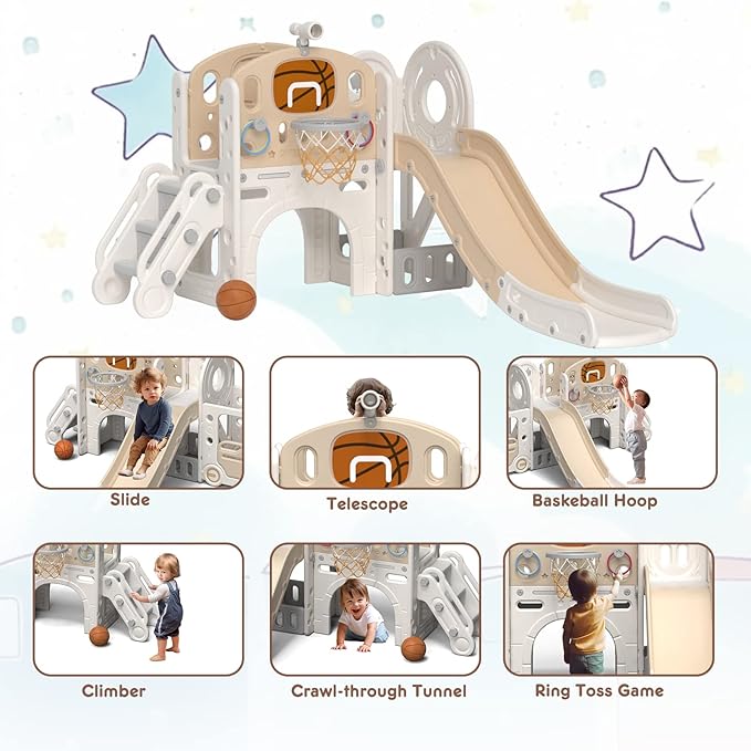 YUFU 9 in 1 Toddler Slide Set, Kids Slide for Toddlers Age 1-3, Toddler Playset with Basketball Hoop and Ball, Outdoor Indoor Playground for Toddlers 1-3 (Beige+Coffee)