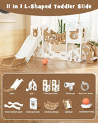 YUFU Toddler Slide Set, 11 in 1 Kids Slide for Toddlers 1-3, Toddler Playset with Climbing Bridge, Golf Set, Basketball Hoop, Indoor Outdoor Playground (Brown)