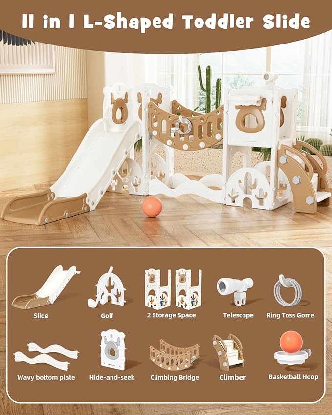 YUFU Toddler Slide Set, 11 in 1 Kids Slide for Toddlers 1-3, Toddler Playset with Climbing Bridge, Golf Set, Basketball Hoop, Indoor Outdoor Playground (Brown)
