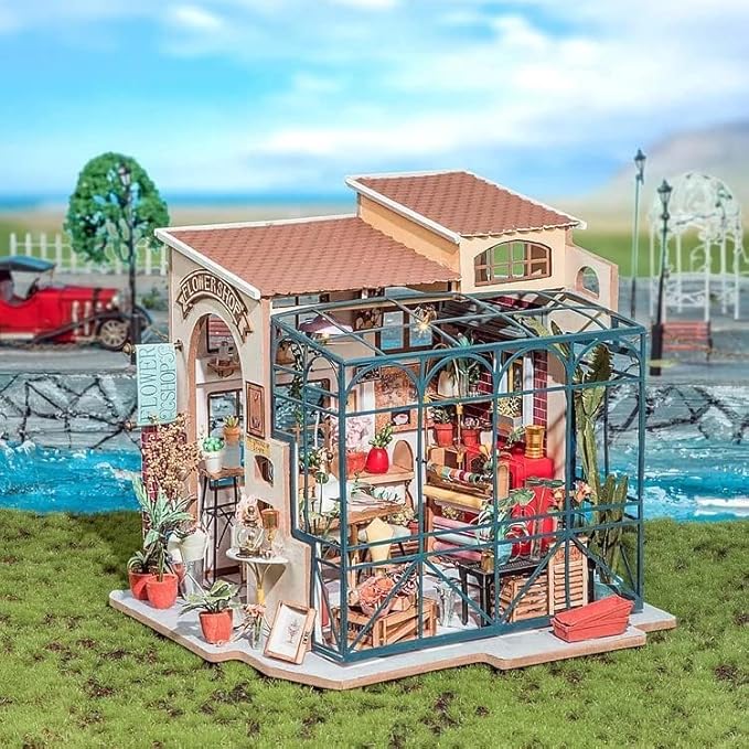 Rolife DIY Miniature House Kit Flower Shop, Tiny House Kit for Adults to Build, Mini House Making Kit with Furniture, Halloween/Christmas Decorations/Gifts for Family and Friends(Emily's Flower Shop)