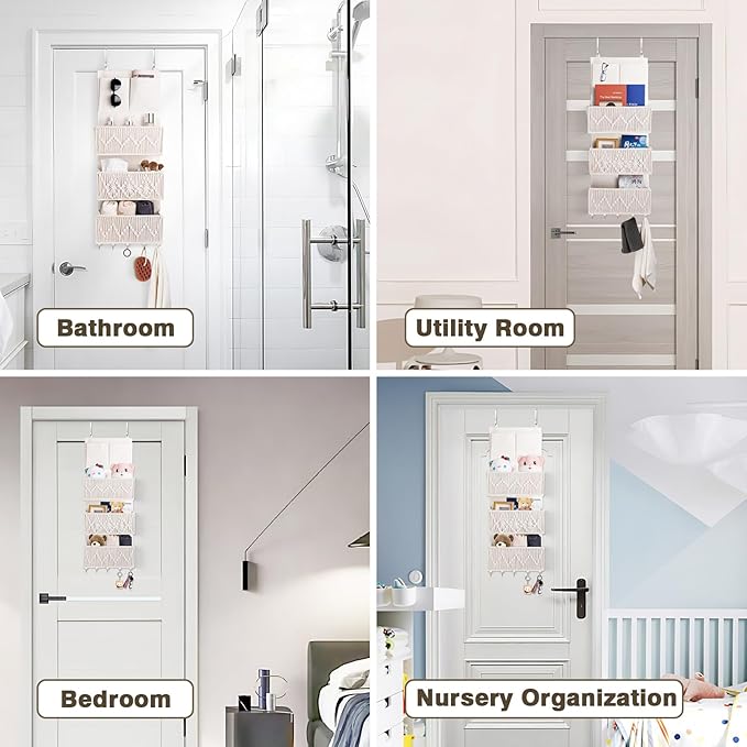 ANTIS'S HOME Over The Door Organizer Boho Bedroom Decor Nursery Storage with 3 Large Woven Pockets, Macrame Nursery Organizers and Toys Storage, Behind Door for Bathroom, Beige Back of Door Organizer