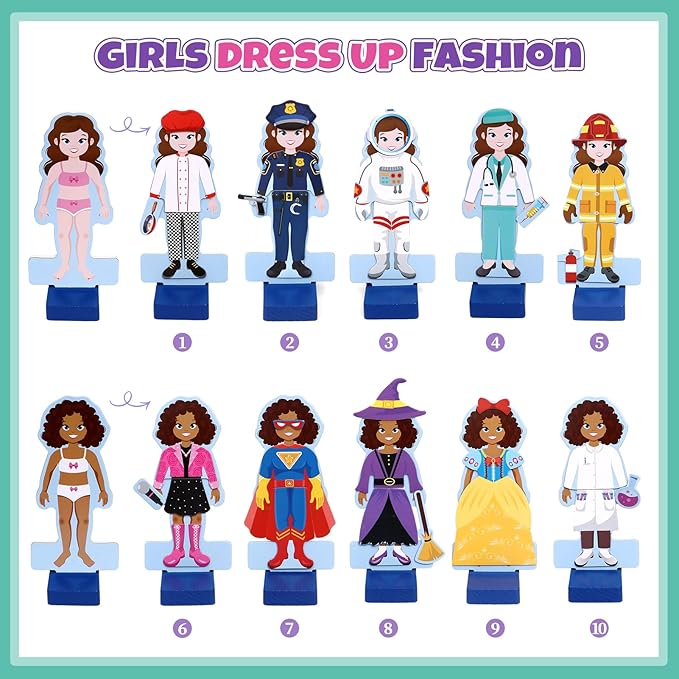 Atoylink Wooden Magnetic Dress up Dolls for Girls Pretend Play Set, Princess/Witch/Occupations Community Helpers Matching Games Fashion Paper Dolls for Toddlers Preschool Learning Toys Gifts