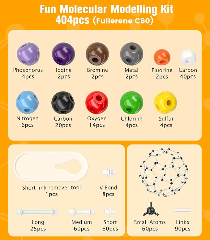 Organic Chemistry Model Kit-404 PCS,Portable Molecular Model Kit for Chemistry Classes,Atomic Element Model Set for Organic＆Inorganic Learning,Supply to Students ＆ Teachers