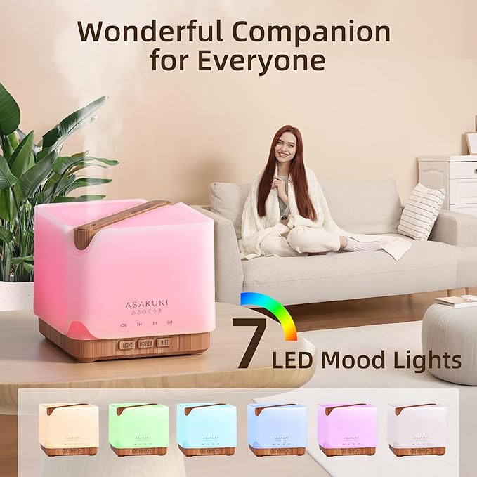 ASAKUKI 700 ml Premium Essential Oil Diffuser, 5 in 1 Ultrasonic Aromatherapy Fragrant Oil Vaporizer Humidifier, Timer and Auto-Off Safety Switch, 7 LED Light Colors