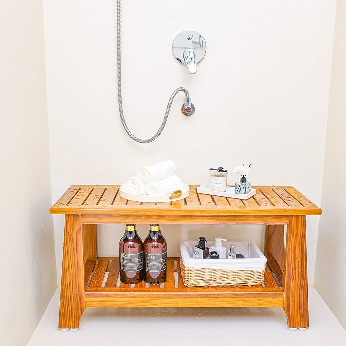 NNN 24" Commercial Teak Shower Bench - 8 Non-Slip Leveling Feet & 350 lbs Capacity | Rock-Solid Stability for Seniors & Spa Safety | Waterproof Design for Saunas/Outdoor Pools (Patented)
