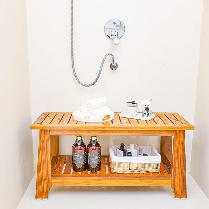 NNN 36" Commercial Teak Shower Bench - 8 Non-Slip Leveling Feet & 350 lbs Capacity | Rock-Solid Stability for Seniors & Spa Safety | Waterproof Design for Saunas/Outdoor Pools (Patented)