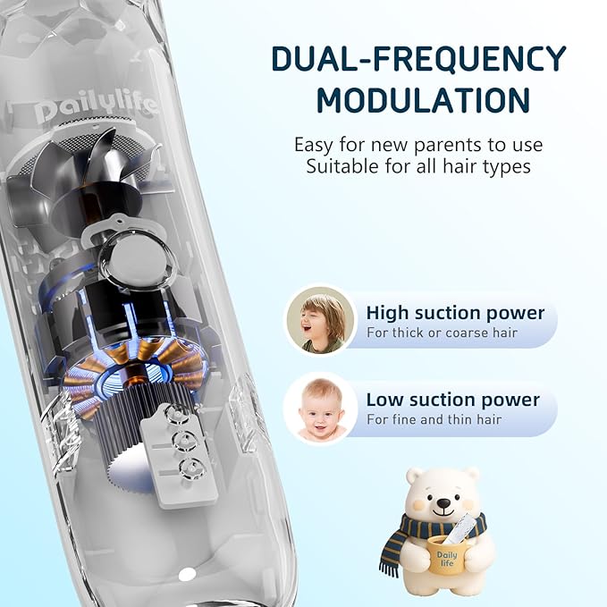 DAILYLIFE Baby Hair Clippers, Silent Clippers for Kids with Autism, Sensory Baby Hair Cutting Kit, Quiet Vacuum Hair Trimmer Waterproof for Toddler Infants Boys, White