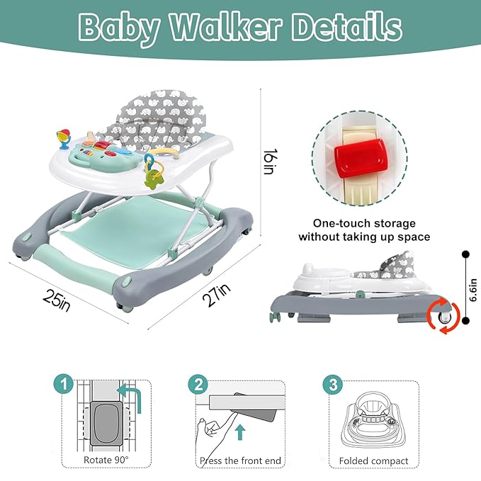 5 in 1 Foldable Baby Walker, Activity Baby Walker-Baby Bouncer, Rocker, Activity Center,Seat and Push Walker,Detachable Trampoline Mat, Adjustable Speed Rear Wheels and Height,Ages 6-18 Months(Mint)