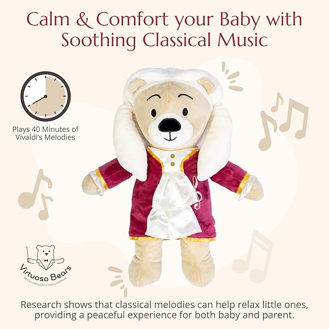 Vivaldi Virtuoso Bear – Dual-Mode Plush Toy with Music & Comfort Features, Plays 40 Mins of Classical Music & White Noise for Babies & Toddlers
