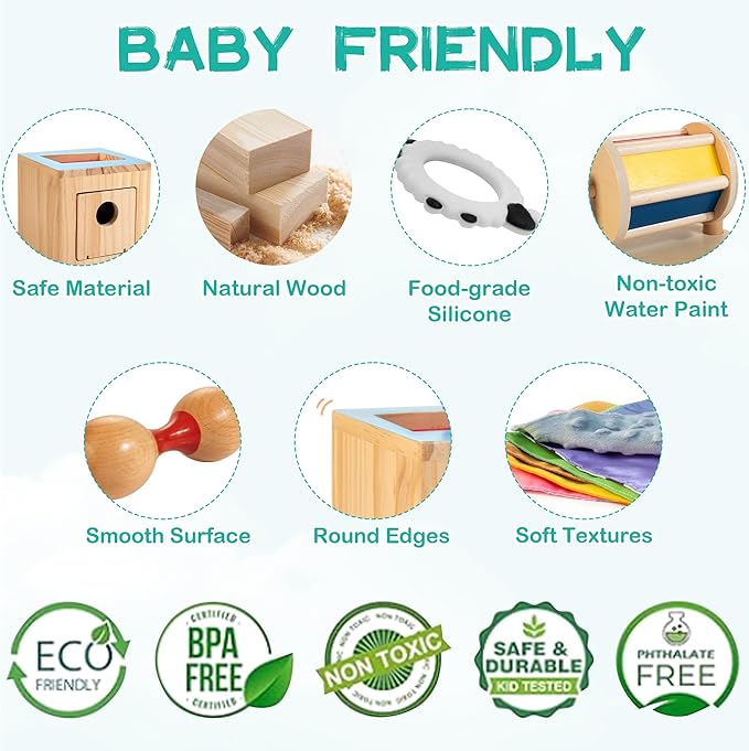 Montessori Toys for Babies 0-6 Months, 9 in 1 Learning Educational Sensory Toys for Newborn 0-3-6 Months, Includes High Contrast Cards, Baby Tissue Box Toy, Spinning Drum, Teether and More