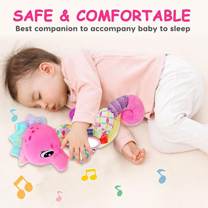 Baby Sensory Toys 0-6 3-6 Months Musical Stuffed Animal Plush Pink Seahorse for Infant 6-12 Month Tummy Time with Baby Mirror Newborn Crinkle Developmental Toy Girls Boys Birthday Gifts 0-3 4 5 Month