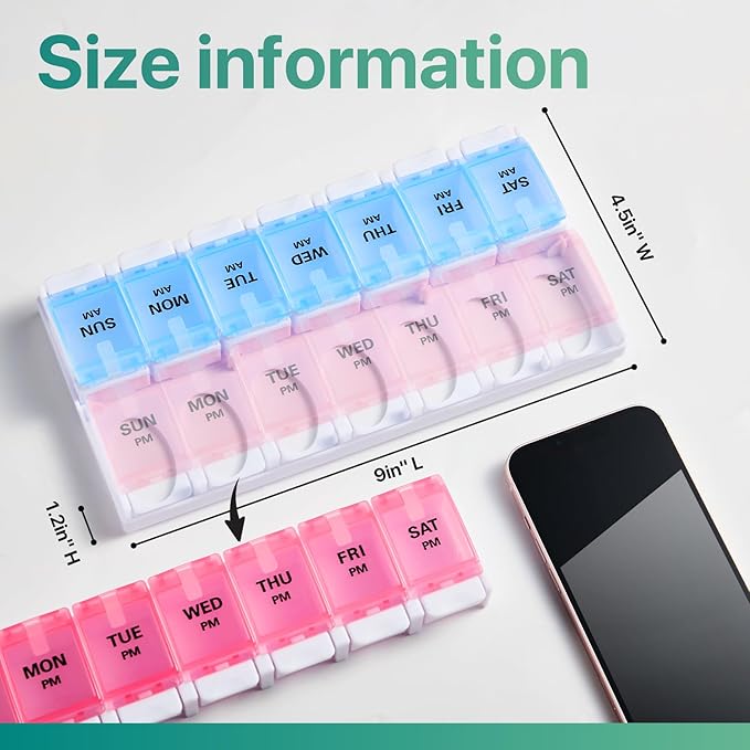 Sukuos Weekly Pill Organizer 7 Day 2 Times A Day, AM PM Medicine Pill Box with Easy Push Button, BPA Free Vitamin Cases for Fish Oil/Supplements, Easy to Clean (Red&Blue)
