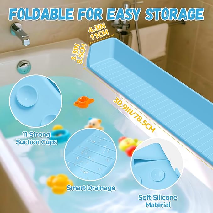 Splash Guard for Bathtub Kids - Silicone Bathtub Splash Guard with 11 Suction Cups, Bath Tub Play Shelf for Kids & Toy Holder, Prevent Water Spill in Bathroom, Fun Bath Time for Toddlers Baby, Blue