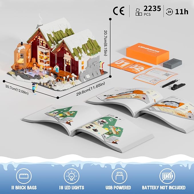 Spa-Cabin Winter Lighting-Building-Bricks Set - 2235 Pcs Christmas House Winter Lodge LED Light Construction Building Christmas Village Model Set for Adults and Families