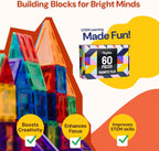 PLAYVIBE Magnetic Tiles 60 Pcs - 3D Magnet Toys for Kids 3+ - STEM Building Blocks - Toddler Learning Essential for Home & Classroom, Boys & Girls - Sensory Toys - Magnetic Blocks