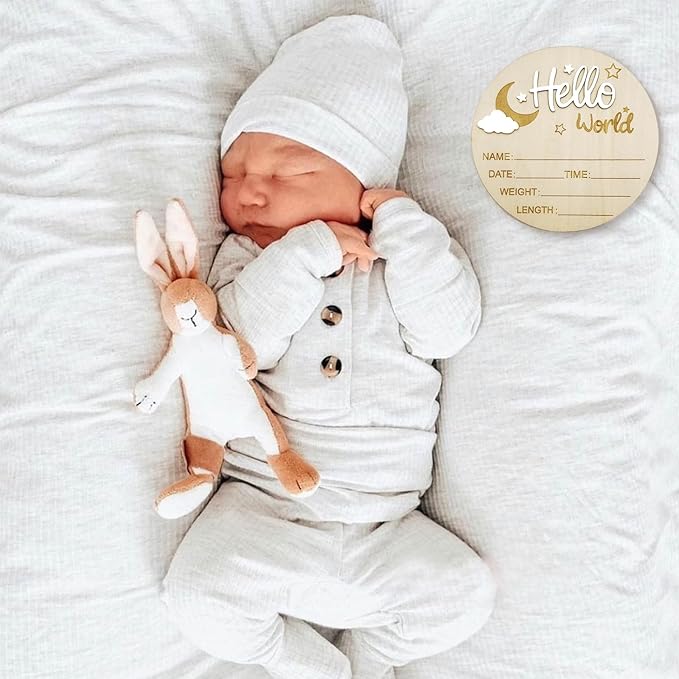 Baby Announcement Sign, 5.9 Inch Wooden Hello World Newborn Signs, Birth Announcement Sign and Pen, Moon and White Cloud Decoration, Welcome Newborn Arrival to World, Hospital Nursery for baby (White)