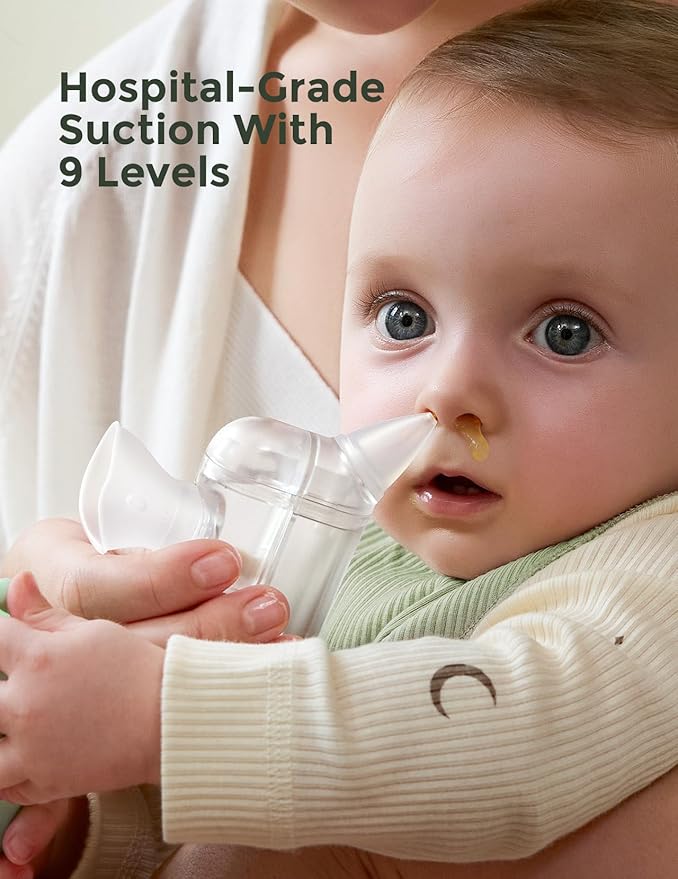 Momcozy BreezyClear Pro™ Nasal Aspirator for Baby, Hospital-Grade 75 kPa Nose Sucker with 9 Adjustable Suction Levels, Electric Nose Cleaner for Toddler, Light & Music Soothing