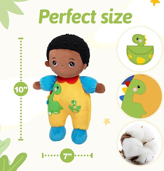 OUOZZZ 10" Soft Black Boy Baby Doll for 1 Year Old - Dinosaur Toys for 1 Year Old Birthday Christmas Plush Gift for Toddler Adorable First Buddy Doll