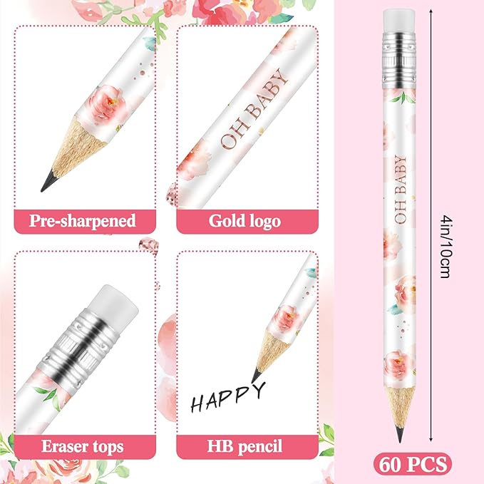 Tinlade 60 Pcs Bloom Floral Baby Shower Golf Pencils with Erasers Small Kids Sharpened Mini Pencils for School in Bloom Baby Shower Supplies