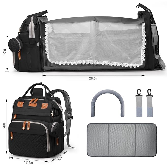 Diaper Bag Backpack with Changing Station, Large Diaper Bag For Boys And Girls, Multifunctional Waterproof Travel Diaper Backpack, Baby Bag with USB Charging Port for Moms Dads,black