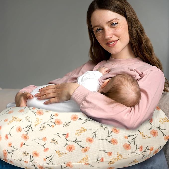 Hooyax Muslin Nursing Pillow Covers 2 Pack, Soft and Breathable Nursing Covers for Breastfeeding Pillows, Adorable Infant Feeding Pillow slipcover for Baby Boy and Girls (Pink Floral)