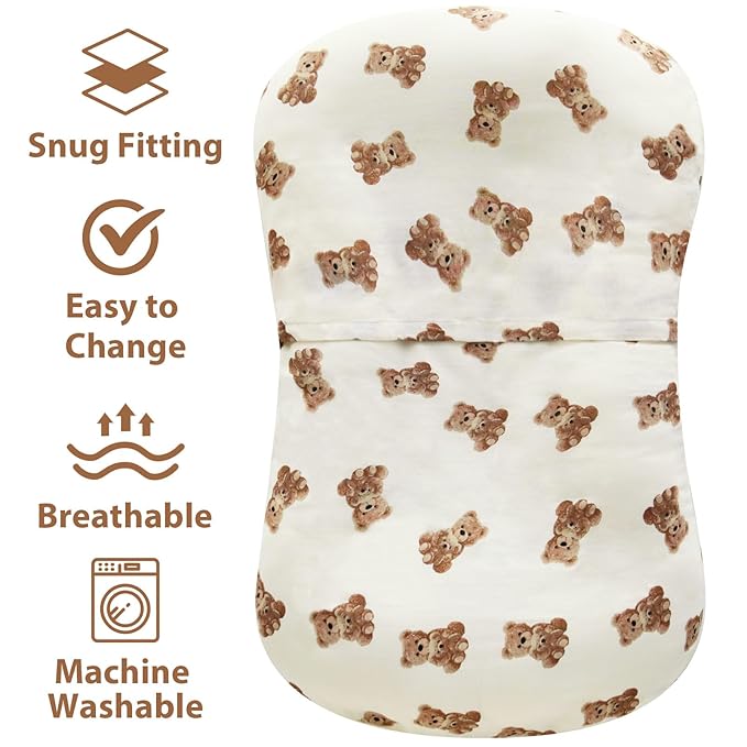LifeTree Muslin Baby Lounger Cover, Newborn Slipcover Lounger Cover for Boys Girls Infant, Soft 70% Viscose from Bamboo and 30% Cotton, Cover Only, Bear Pattern, 30.7in x 20in