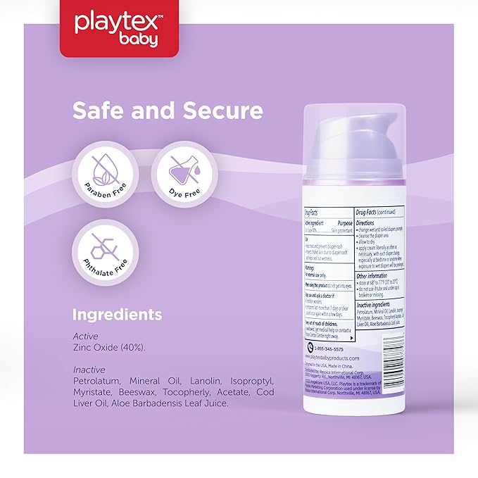 Playtex Baby Diaper Rash Cream, 5.6 oz. Pump Bottle, Dermatologist Tested 40% Zinc Oxide Diaper Cream, Fragrance Free, Hypoallergenic, Free of Dye, Parabens and Phthalates