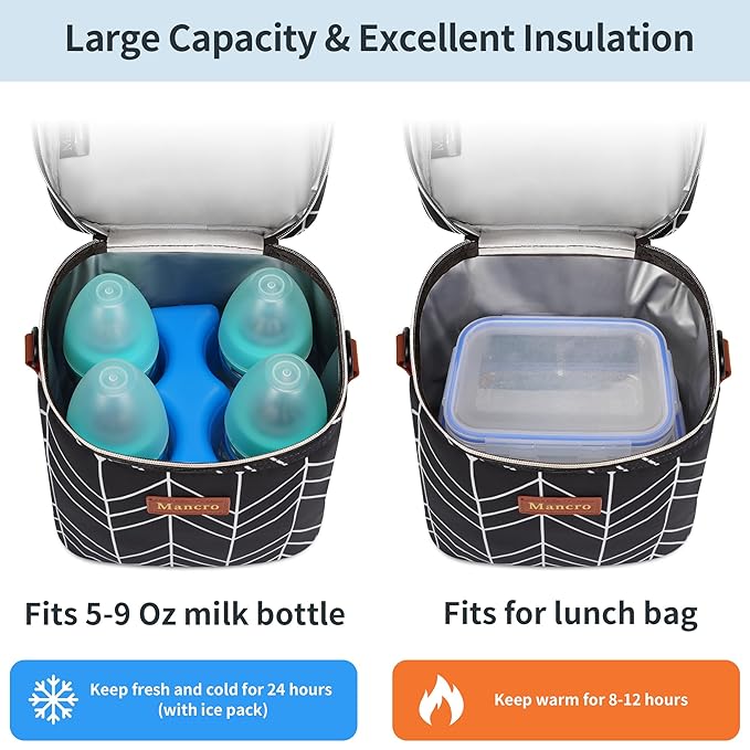 Mancro Breastmilk Cooler Bag Travel, Insulated Baby Bottle Bag with Ice Pack, Fits 4 Baby Bottles Up to 9 Ounce,Leak-Proof & Durable, Black Wave