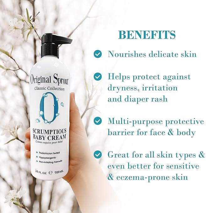 Original Sprout Scrumptious Baby Cream, Gentle Moisturizing Cream for Dry, Sensitive Skin & Diaper Rash, Non-Greasy Baby Lotion with Zinc Oxide & Calendula for Face & Body, 24 fl oz