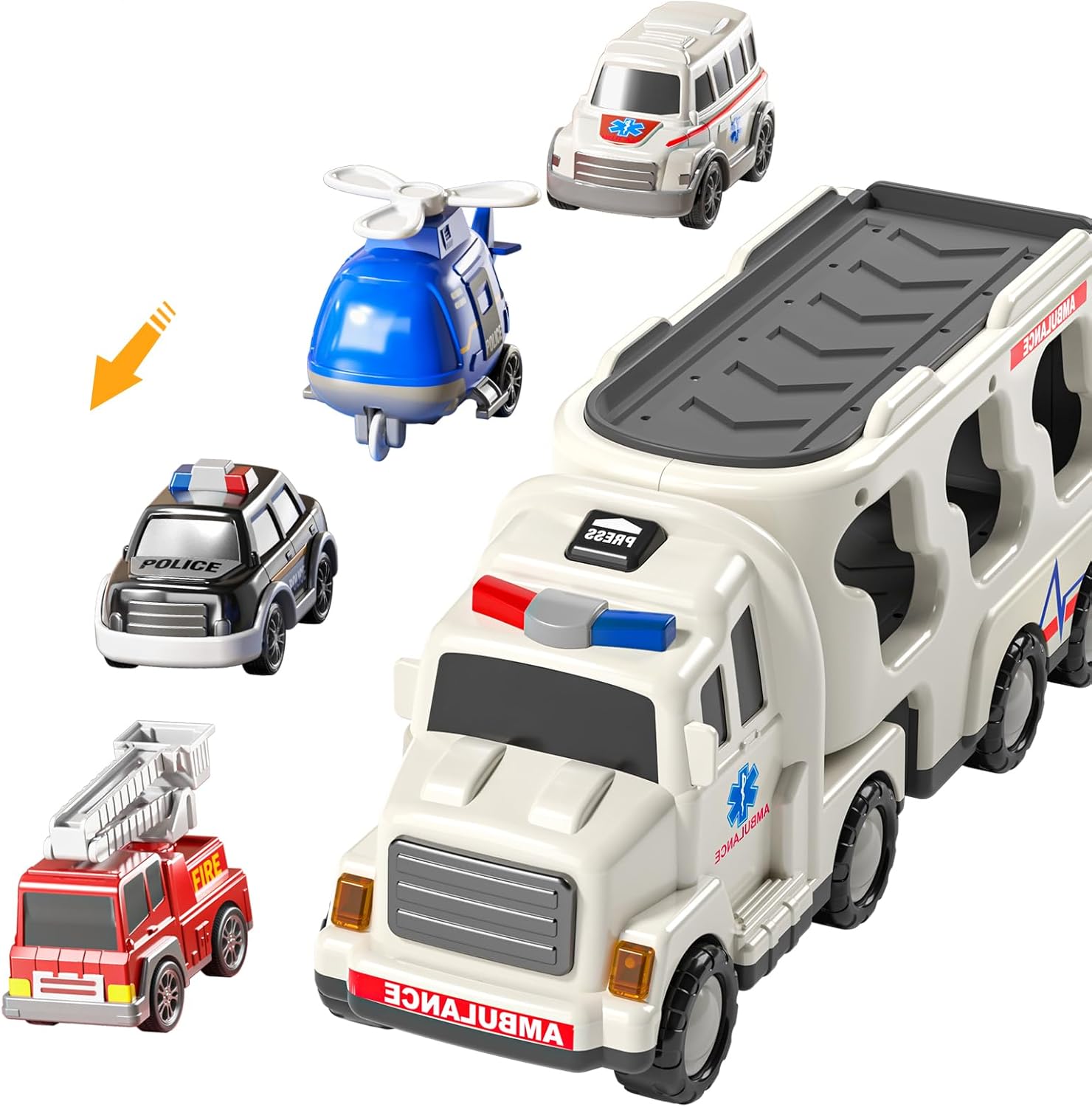 TEMI 5 Pack Ambulance Vehicle Toddler Truck Toys for 3 4 5 6 Year Old Boys, Friction Powered Cars with Toy Helicopter, Police Car, Fire Truck, Ambulance Car, Birthday Gifts for Girls Age 3-9